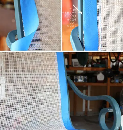Taping off mesh sling seats http://inmyownstyle.com/2013/06/how-to-paint-outdoor-furniture.html