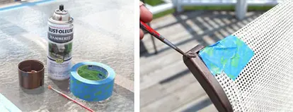 Using small paintbrush to touch up metal patio furniture http://inmyownstyle.com/2013/06/how-to-paint-outdoor-furniture.html
