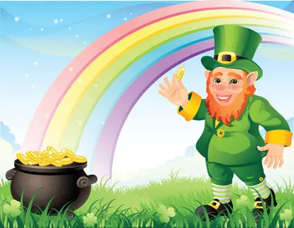 Leprechaun with a pot of gold and rainbow illustration