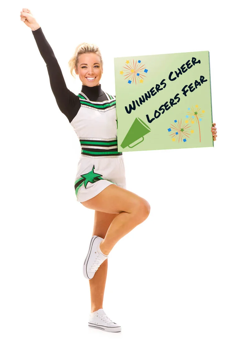 happy cheerleader holding up blank message board