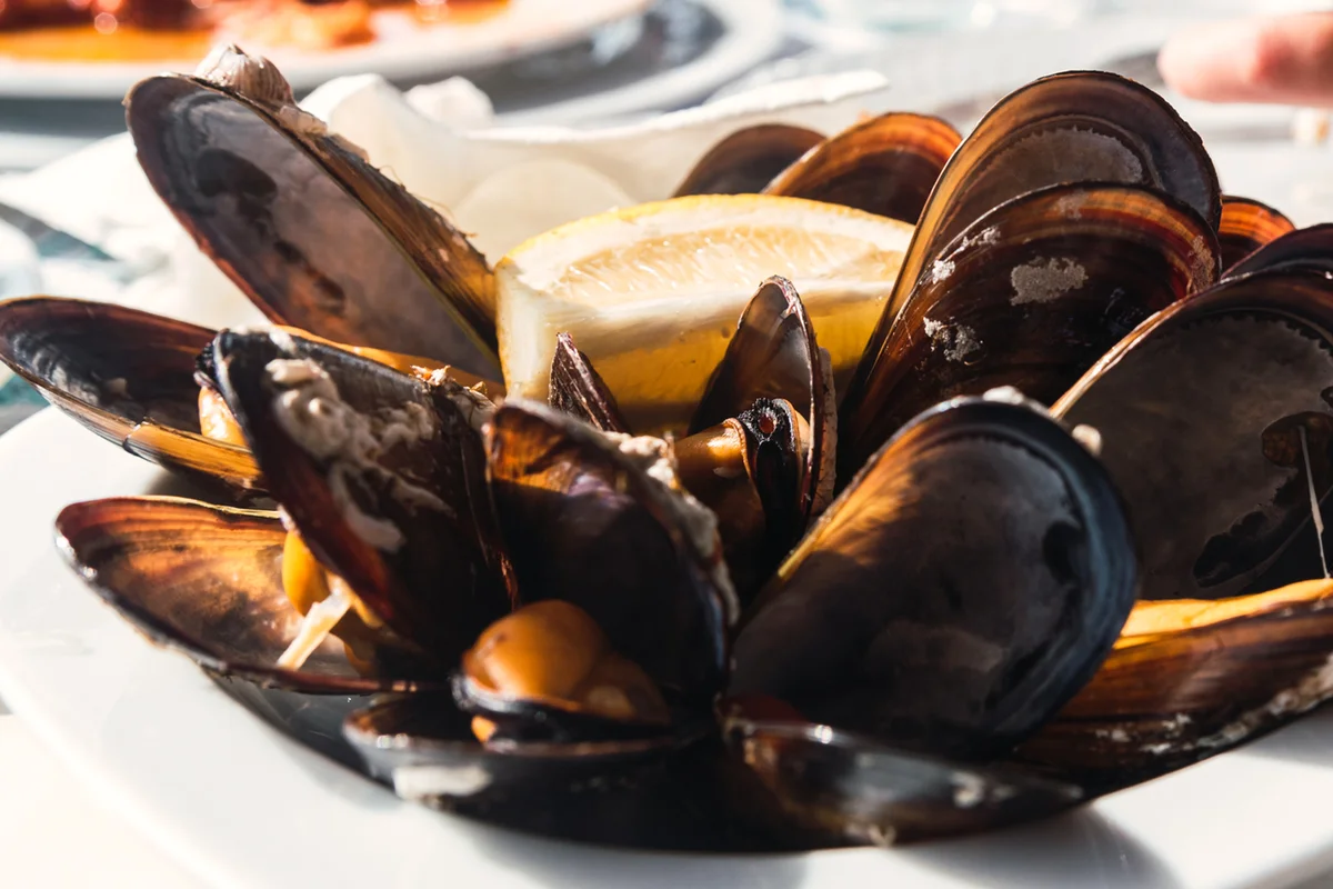 Plate of steamed mussels served on a table