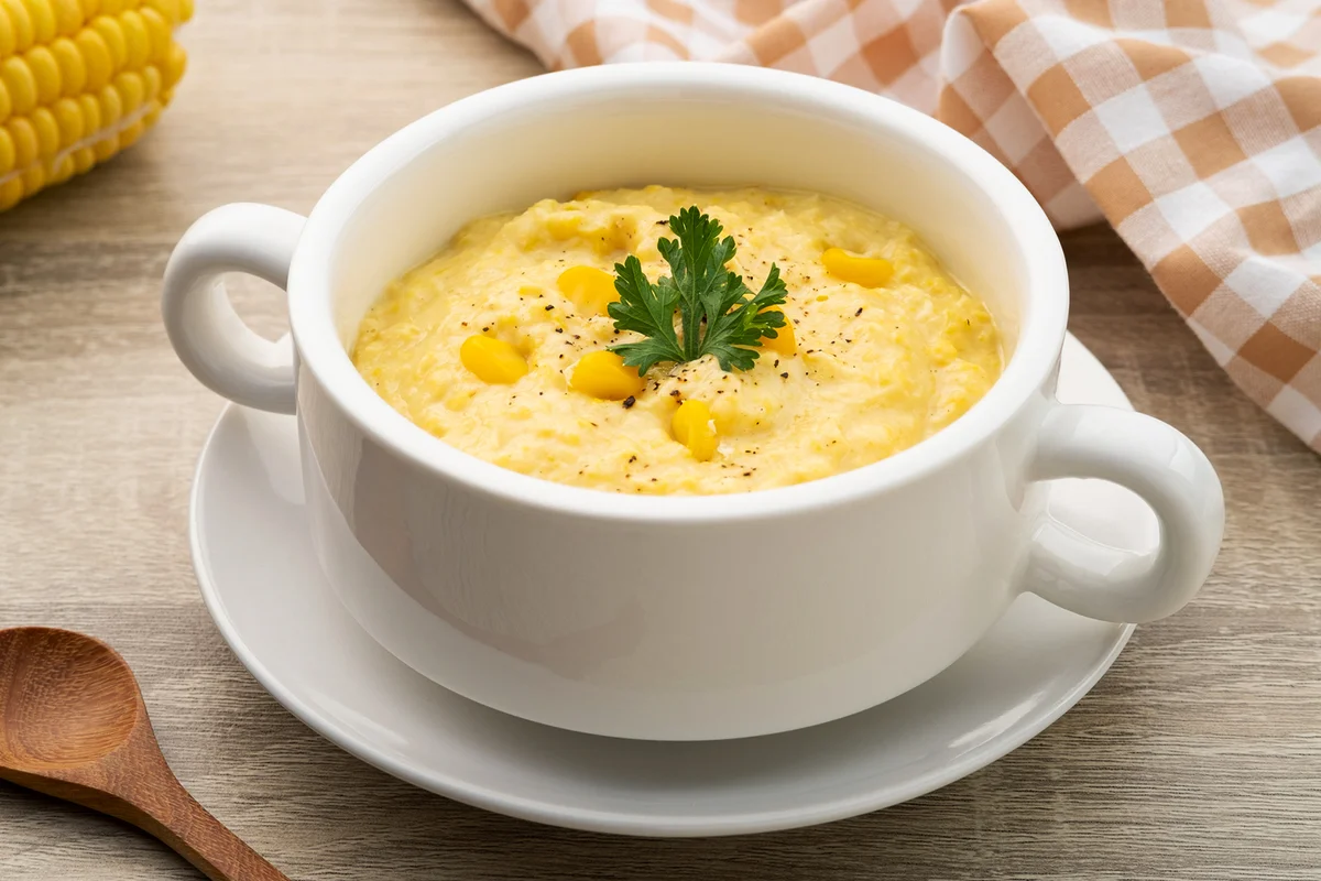 COrnmeal Pottage soup on white bowl