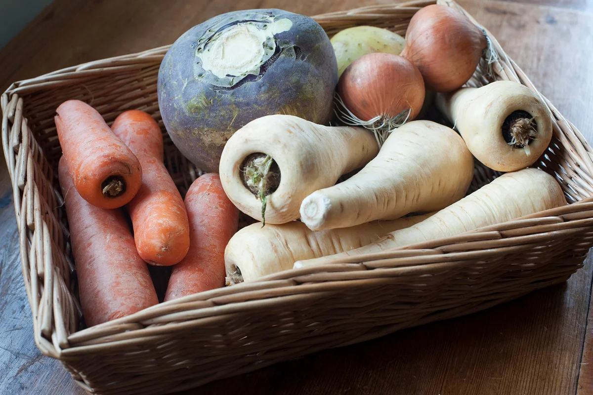 Fresh root vegetables in a wicker basket at market including carrots, parsnip, turnip and onions