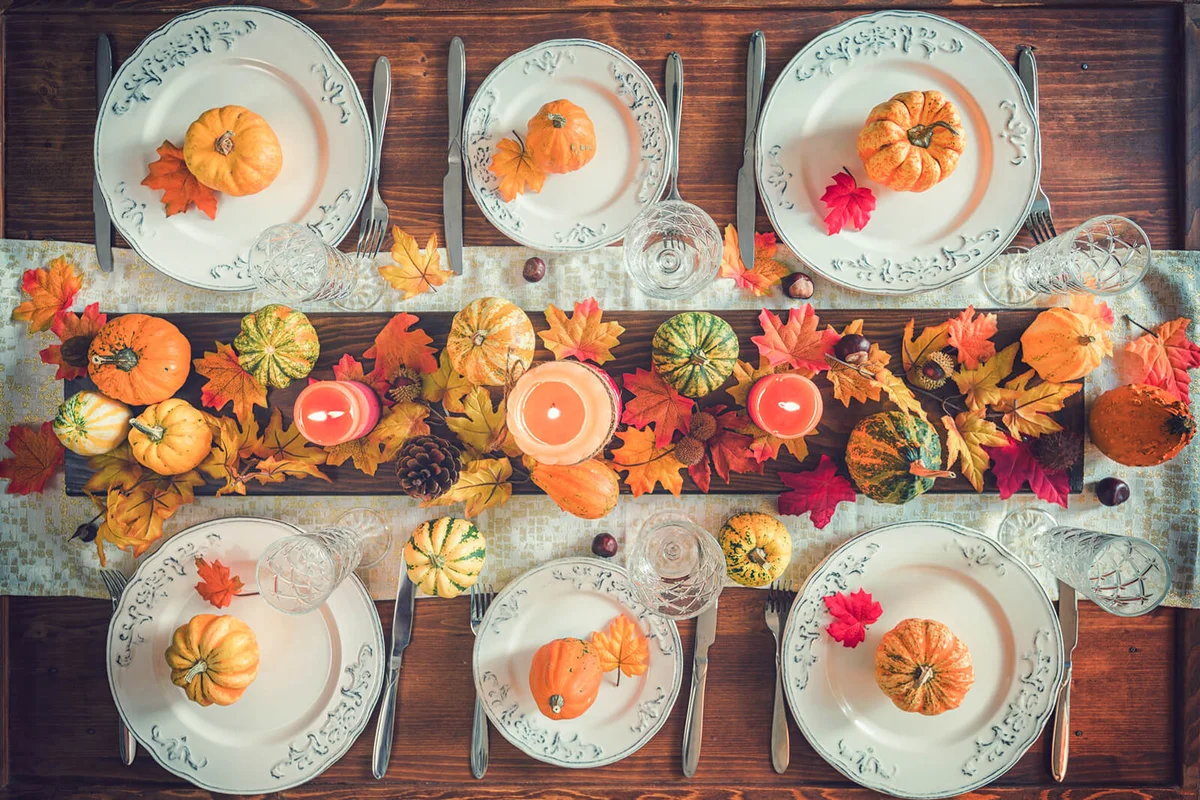 Thanksgiving Dining Table Place Setting with Autumn Decoration