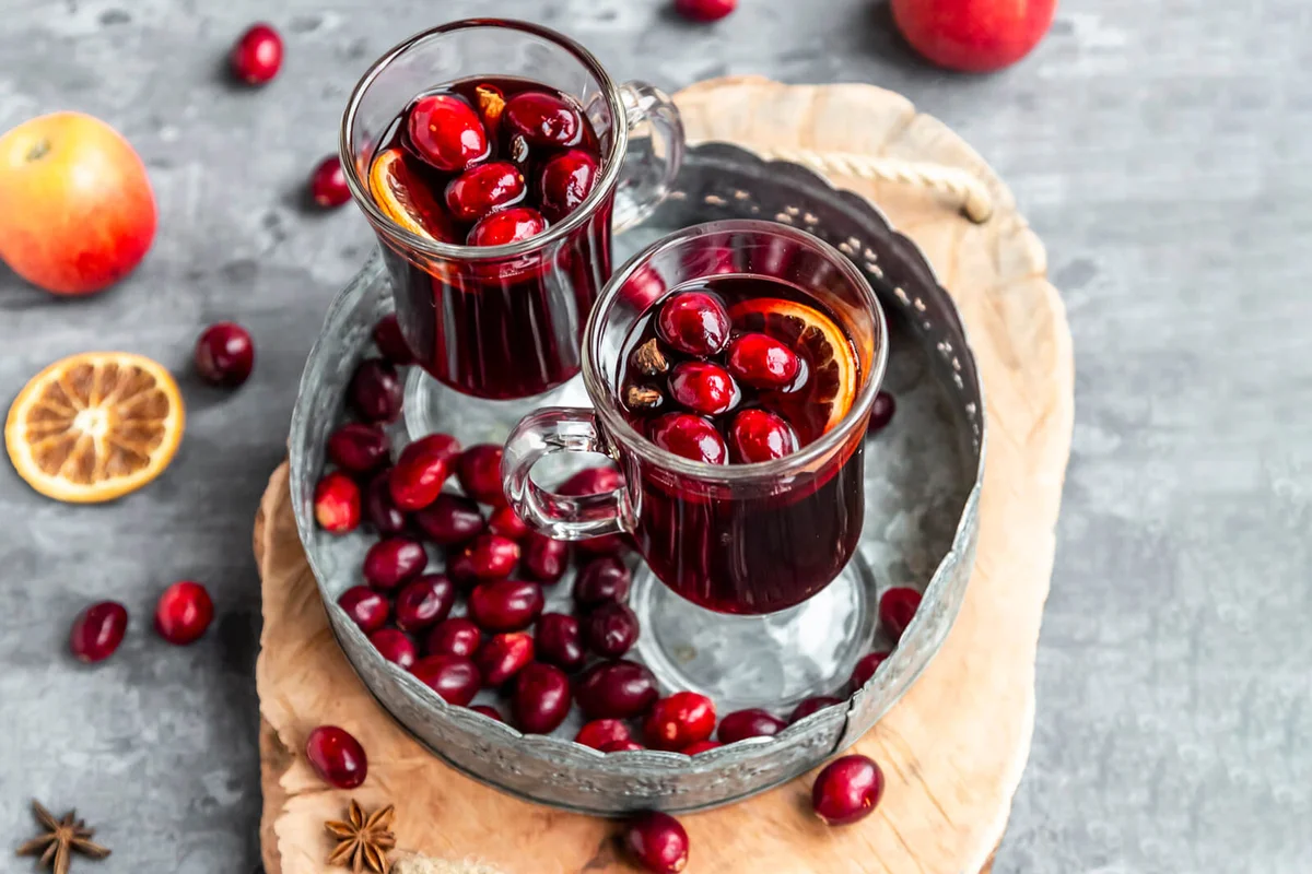 Two glasses of Mulled Wine with cranberries