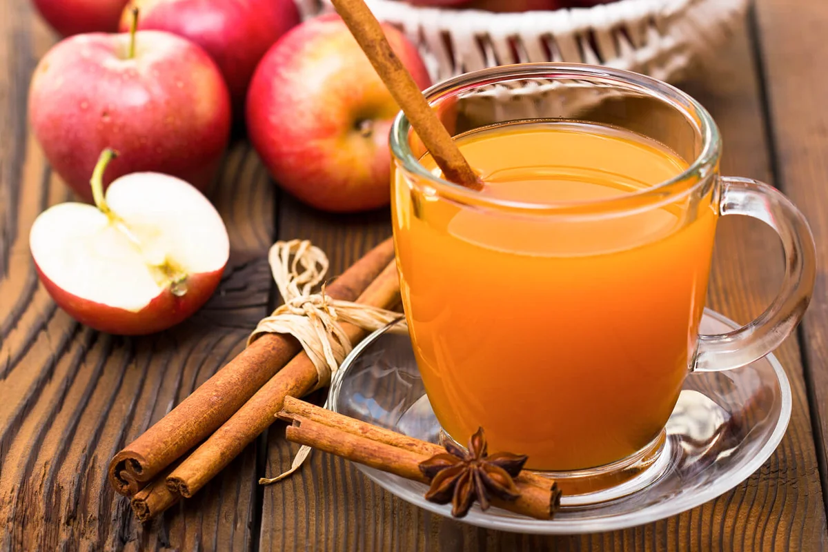 A cup of warm apple cider with cinnamon