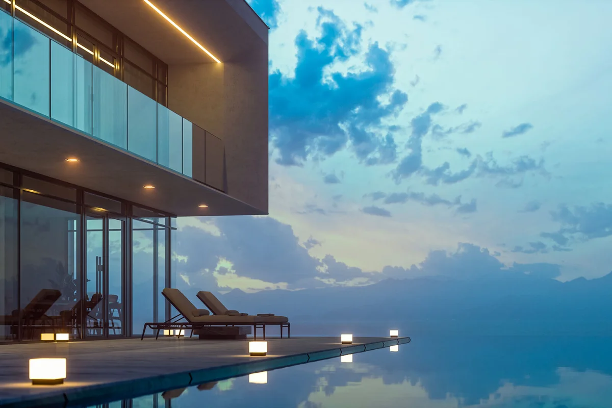 Modern Luxury House With Private Infinity Pool In Dusk