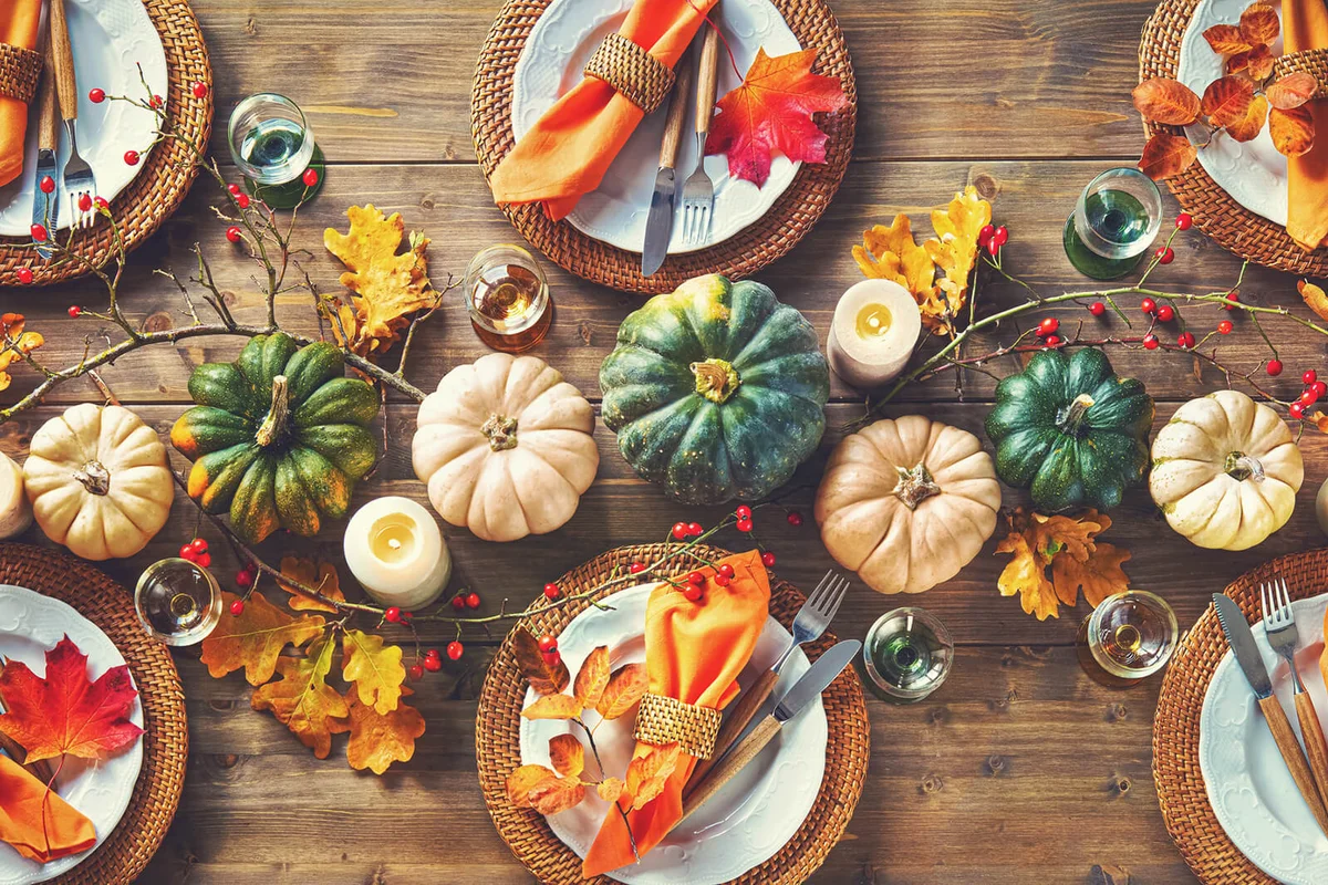 Autumnal decorated table for celebrating Thanksgiving or other family celebration