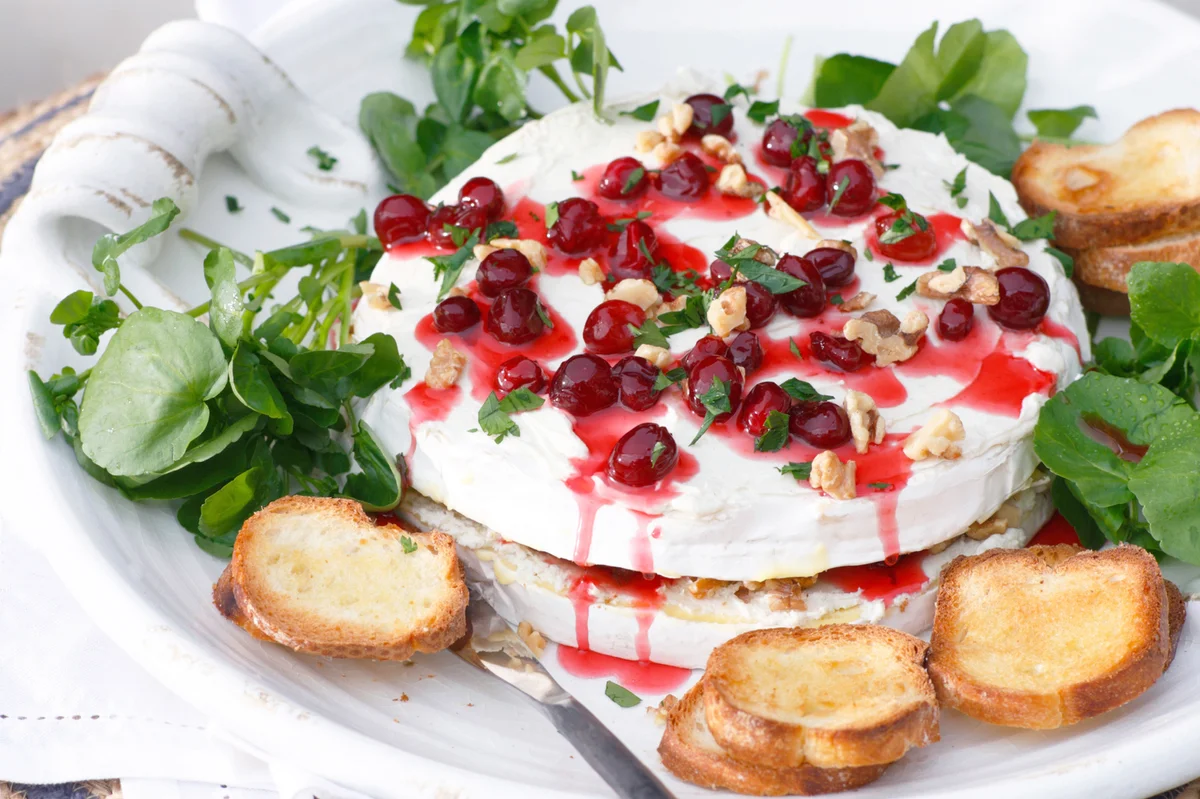 Brie and cranberry cheesecake with toast and cranberry coulis