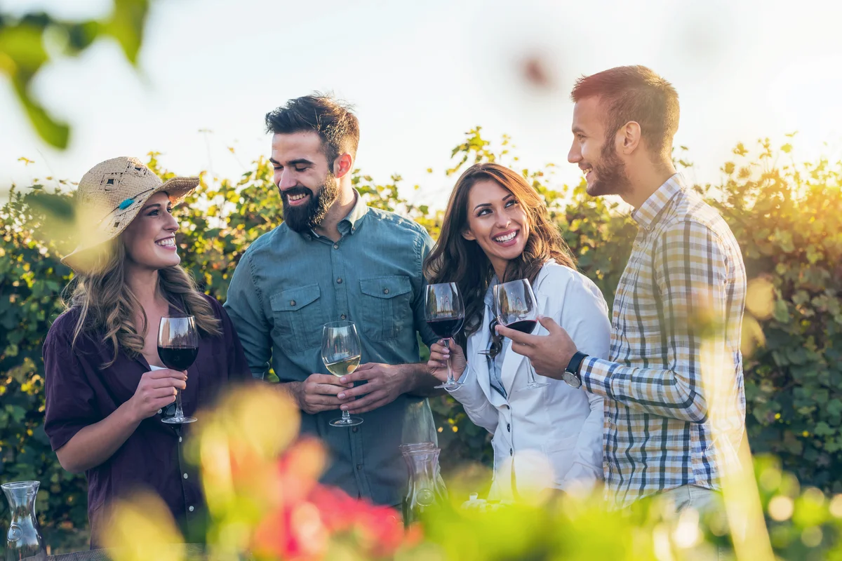Friends having fun drinking wine at winery vineyard