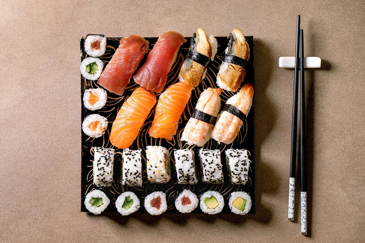 Japanese dish sushi and rolls rice with fish