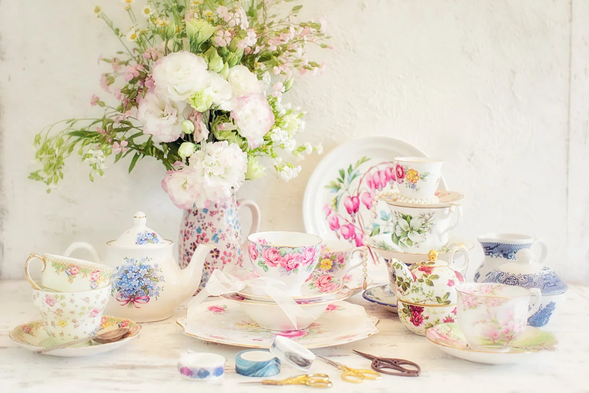 Antique Tea Cups and Lisianthus Floral Still Life