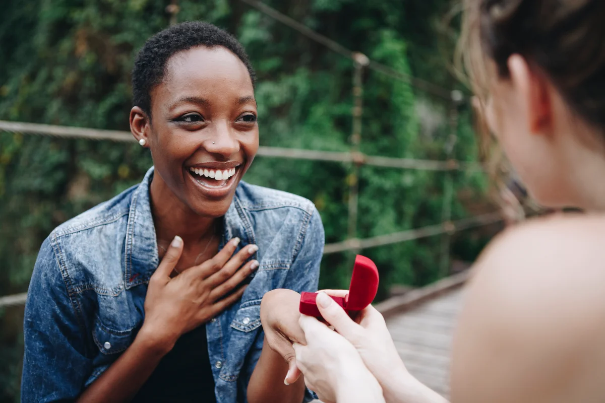 Woman proposing to her happy girlfriend outdoors