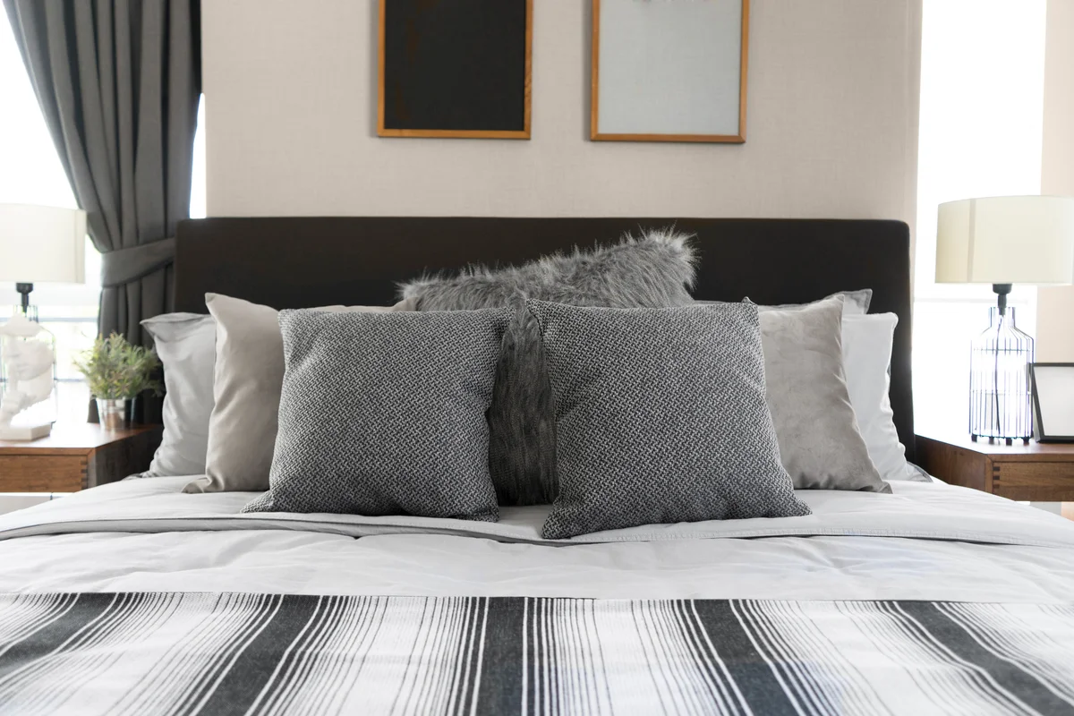 Taupe, gray and white bedding