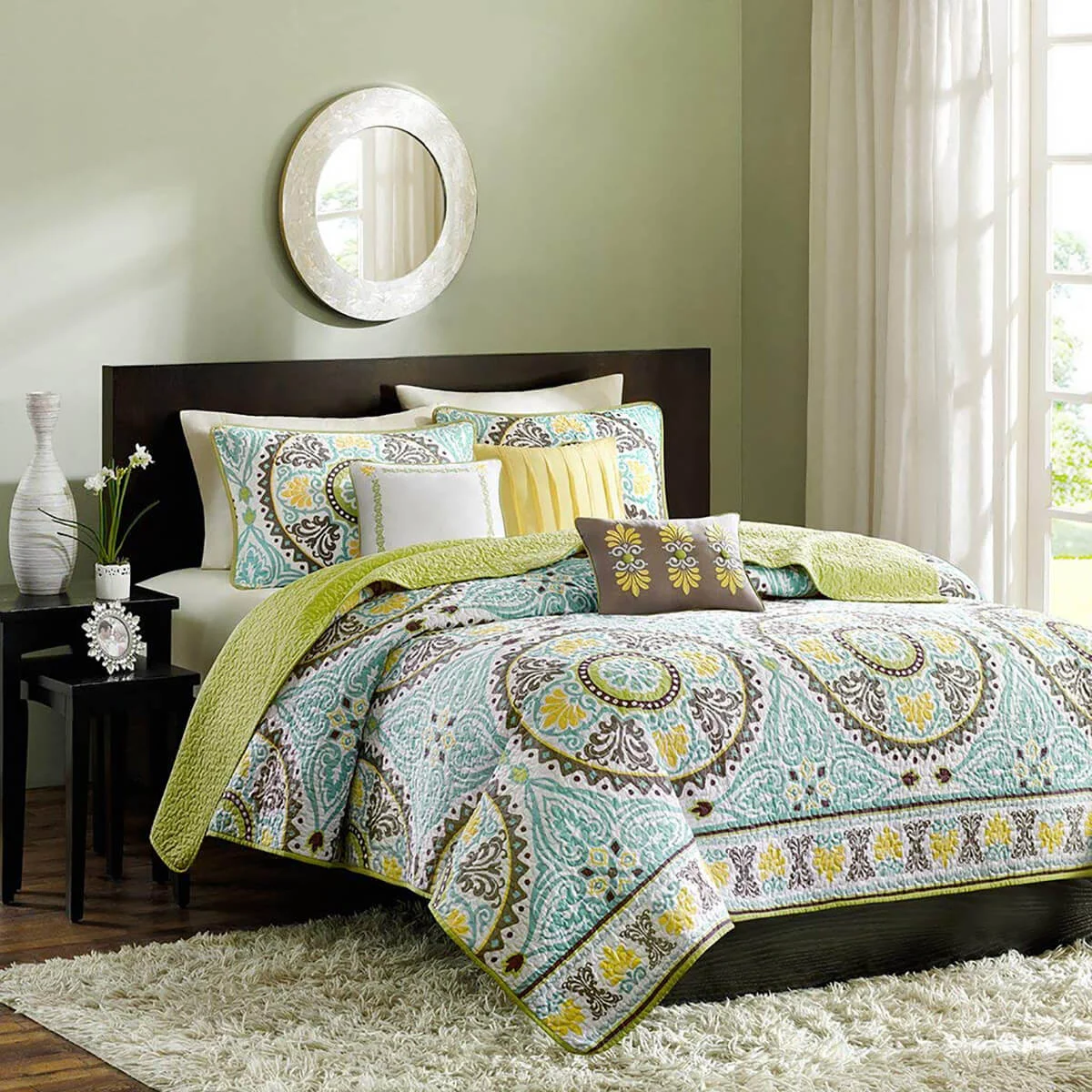 Madison Park Samara King Size Quilt Bedding Set - Teal Yellow, Medallion – 6 Piece Bedding Quilt Coverlets – 100% Cotton Bed Quilts Quilted Coverlet / https://amzn.to/2JWptp9