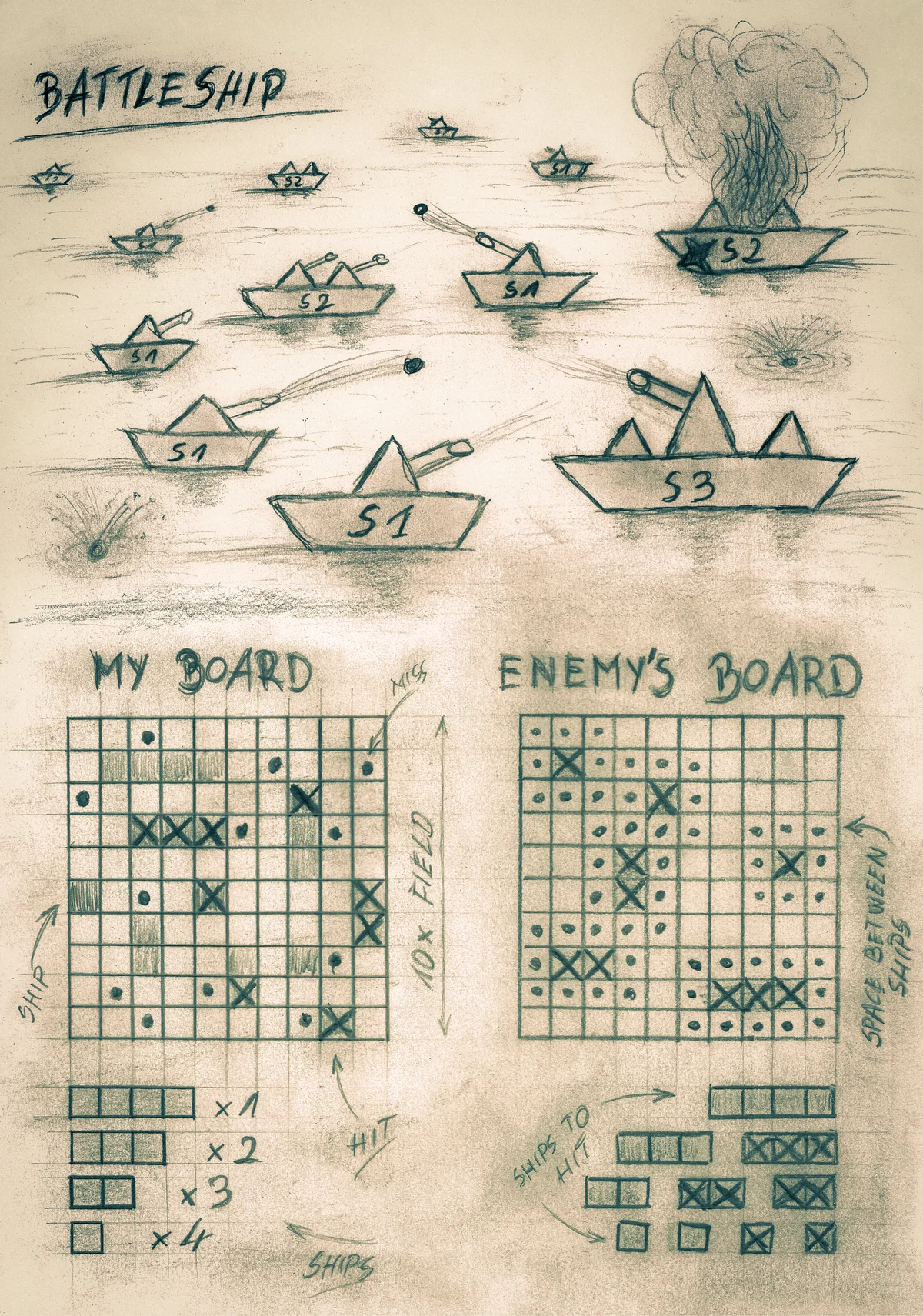 Hand sketch sepia battleship game on sea