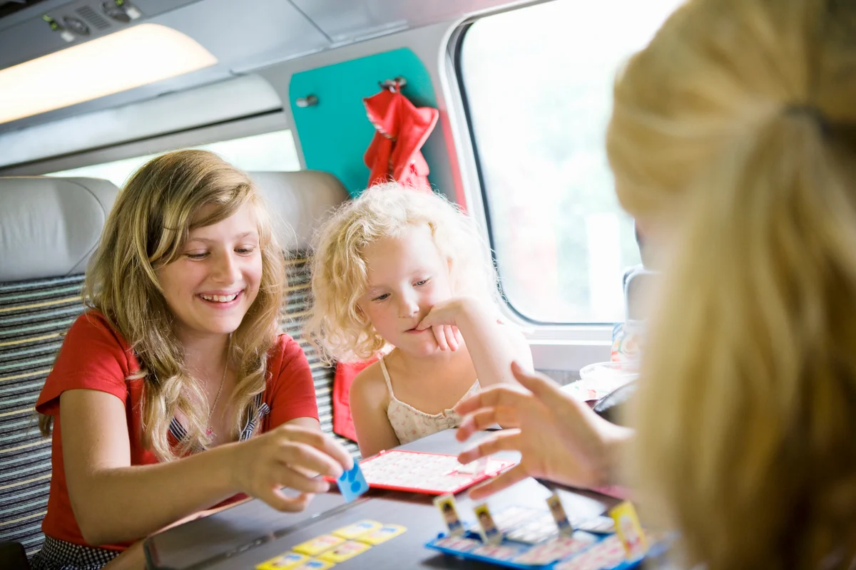 Girls playing game in train