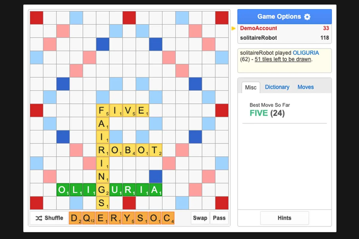 Screenshot of Scrabble on Lexulous
