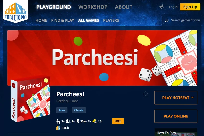 Screenshot of Tabletopia Parcheese game page