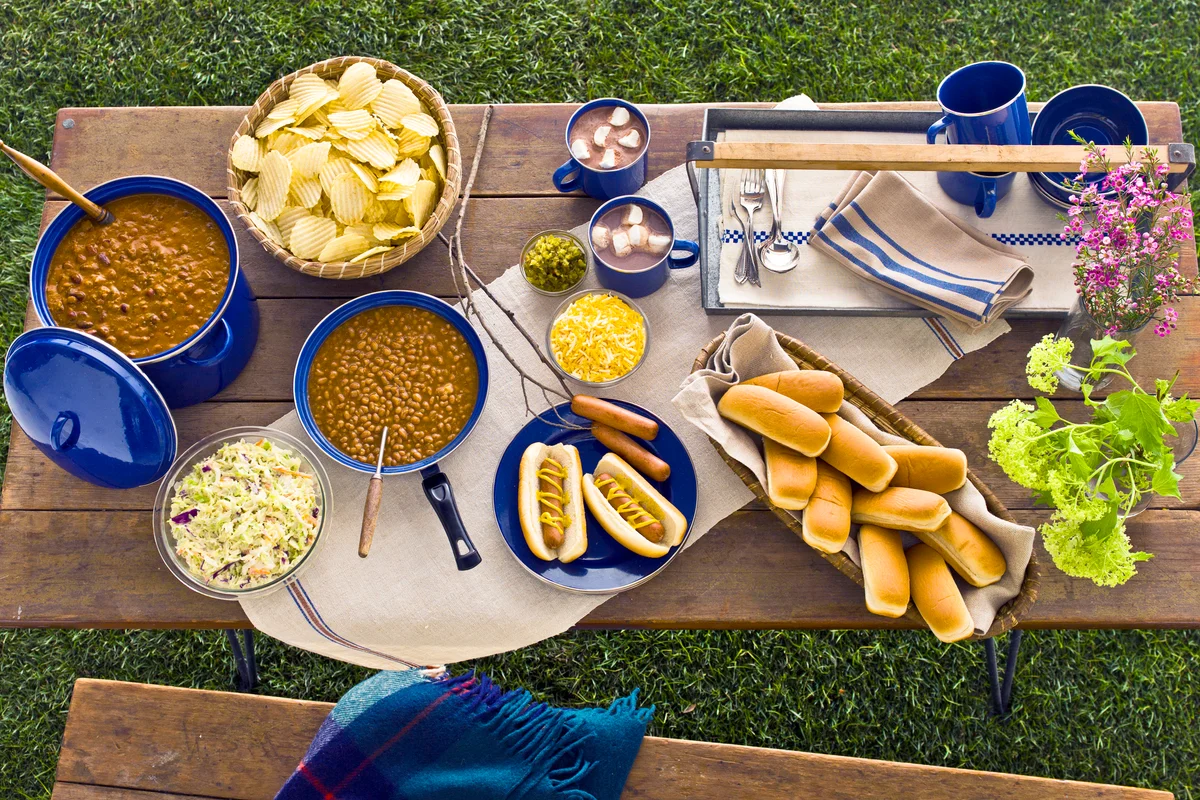 Picnic of beans, hot dogs and chips