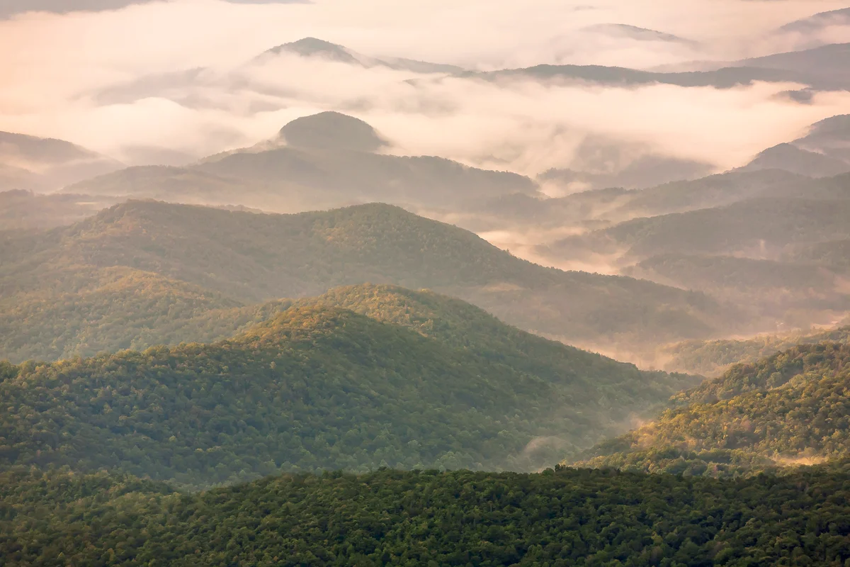 Grandfather Mountain shrouded in morning fog