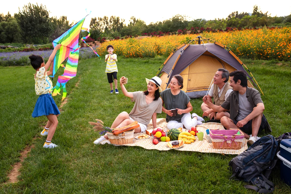 Happy family in the suburbs have a picnic