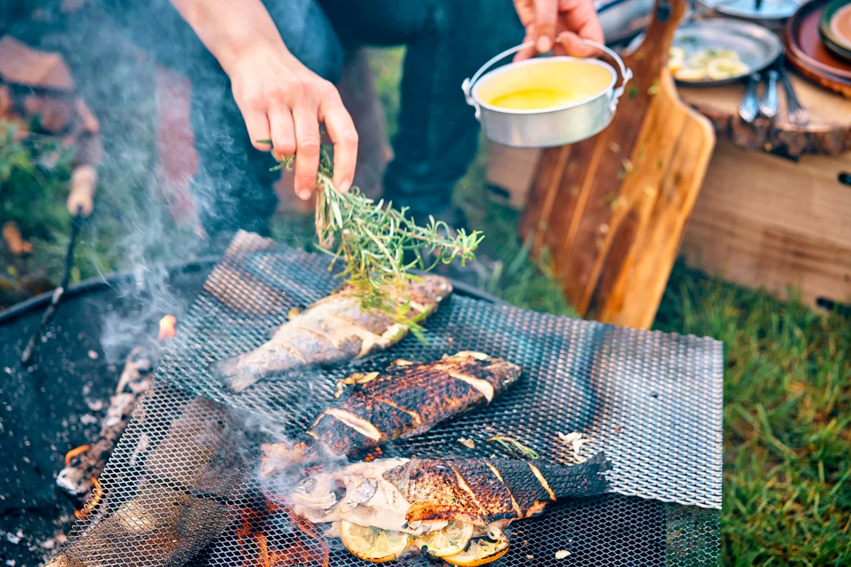Preparing Fish for Cooking Over Open Campfire