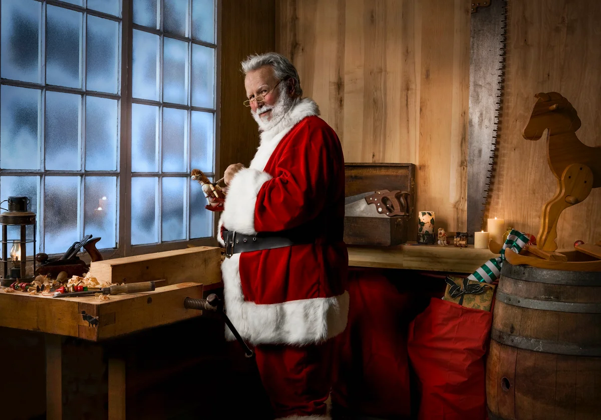 Antique Toy Making Shop with Santa Claus on Winter Night