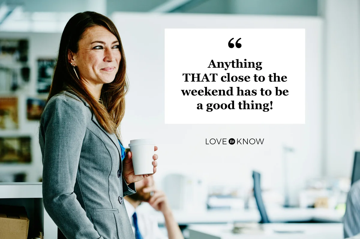 happy woman with coffee in office on Thursday