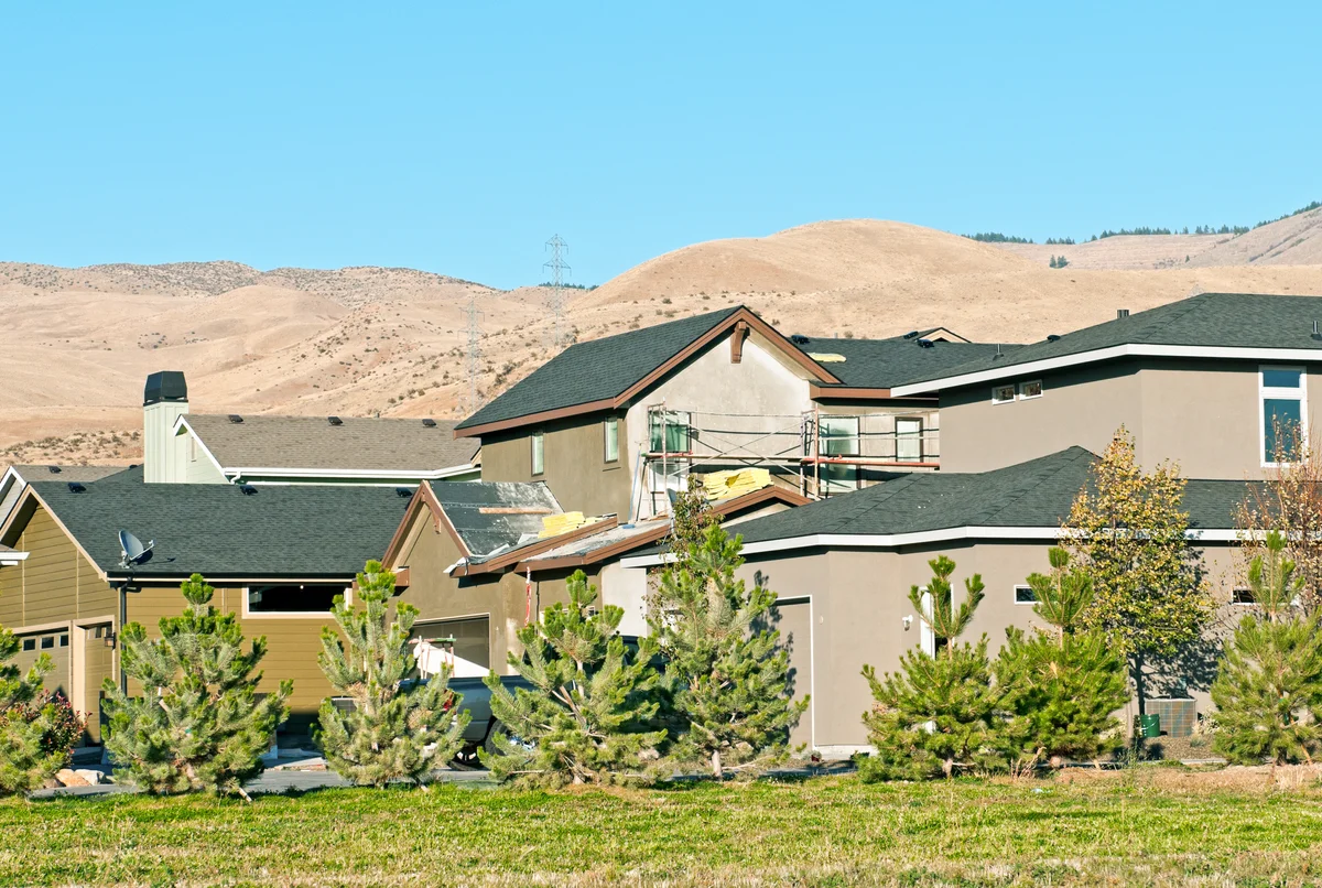 New housing development in Boise ID with windbreak of trees