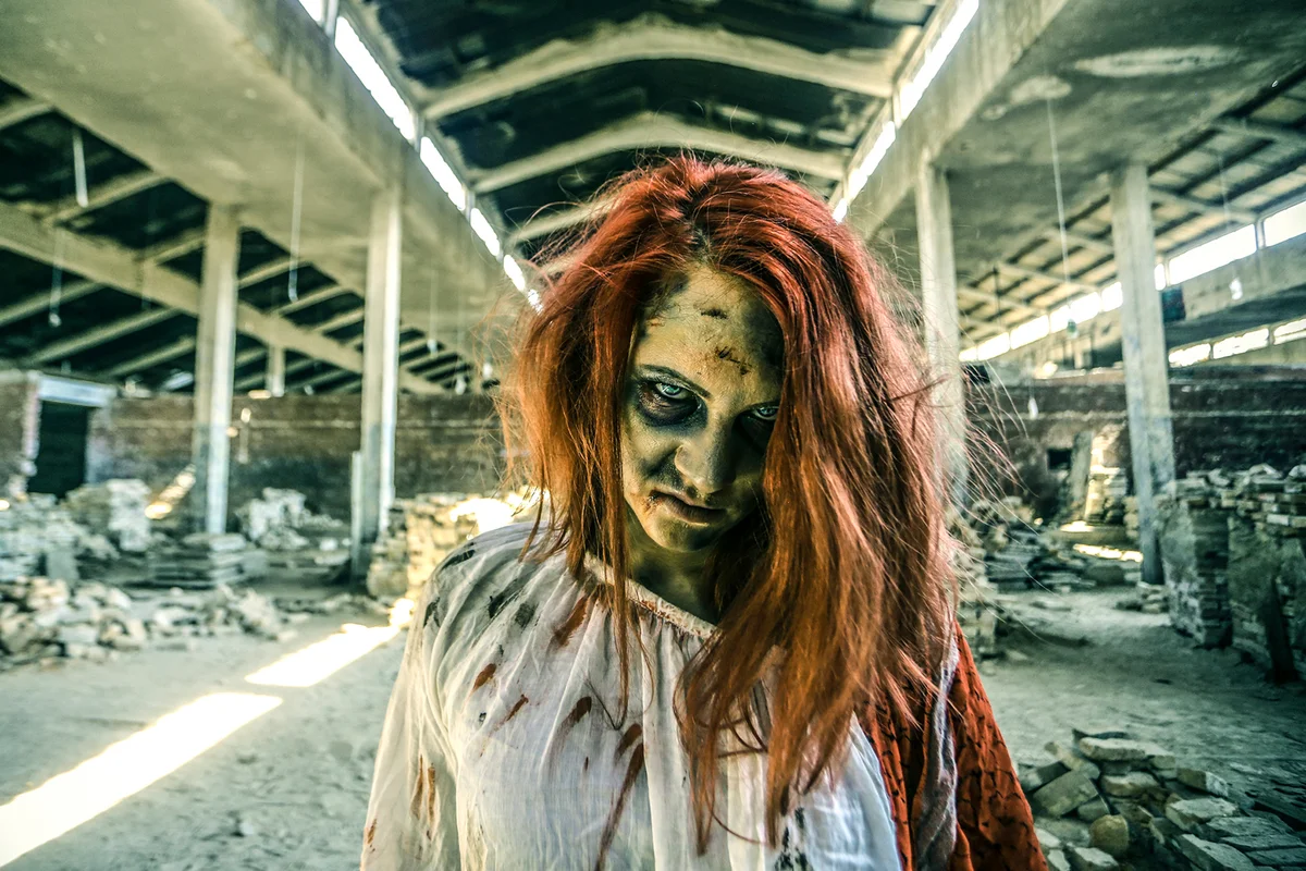 Young woman dressed in zombie costume