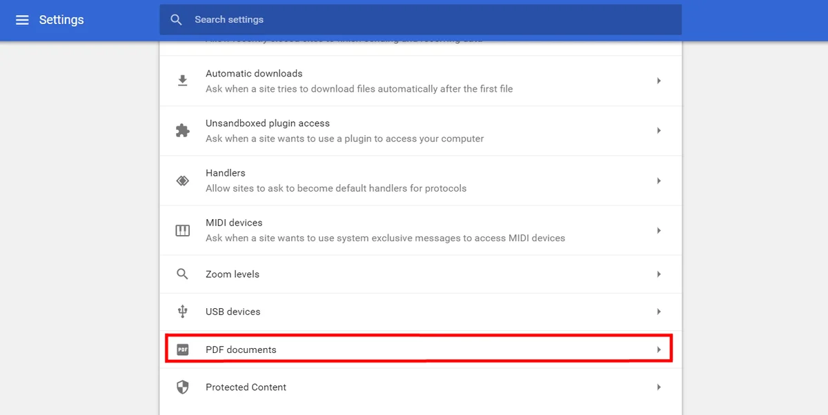 Google Chrome PDF settings screenshot