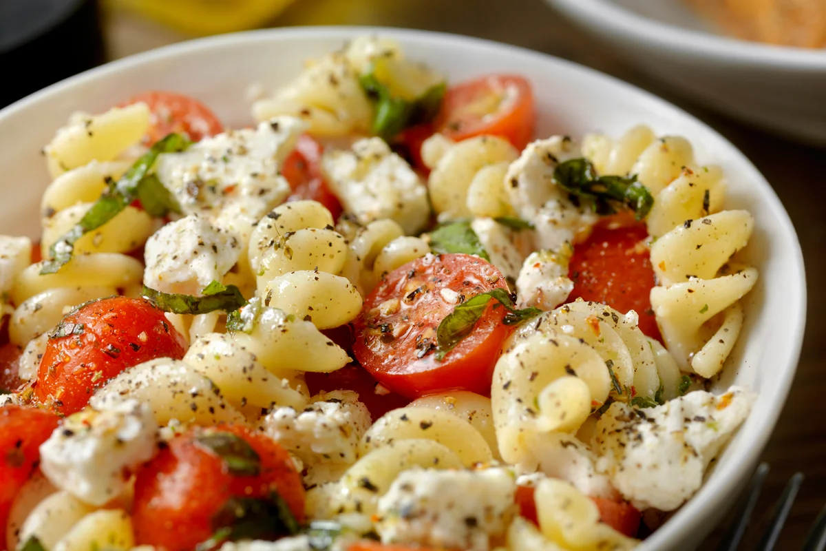 Tomato and Feta, Pasta Salad with Freshly Chopped Basil