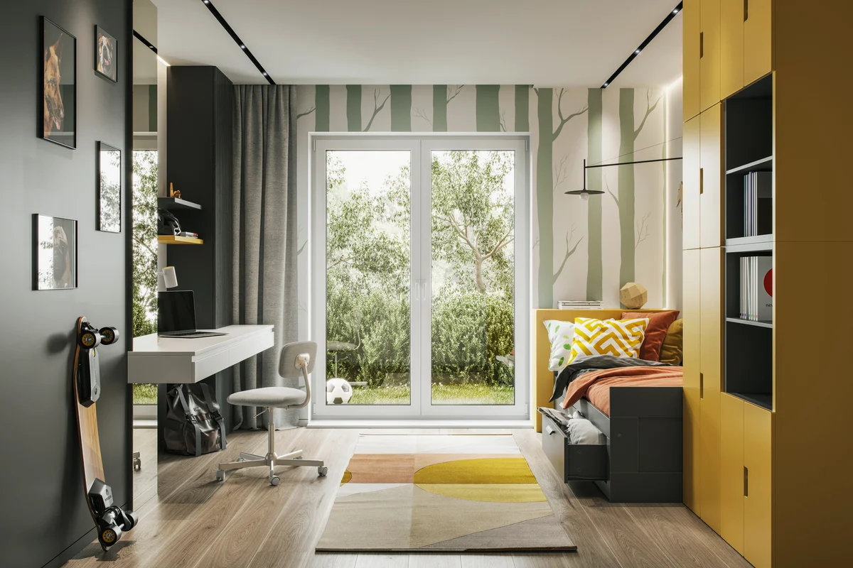 Bedroom with desk and multipurpose storage