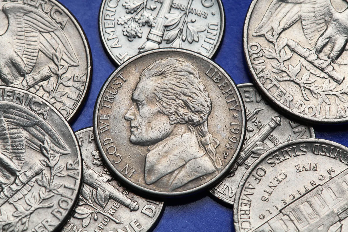 Thomas Jefferson depicted on the US nickel coin