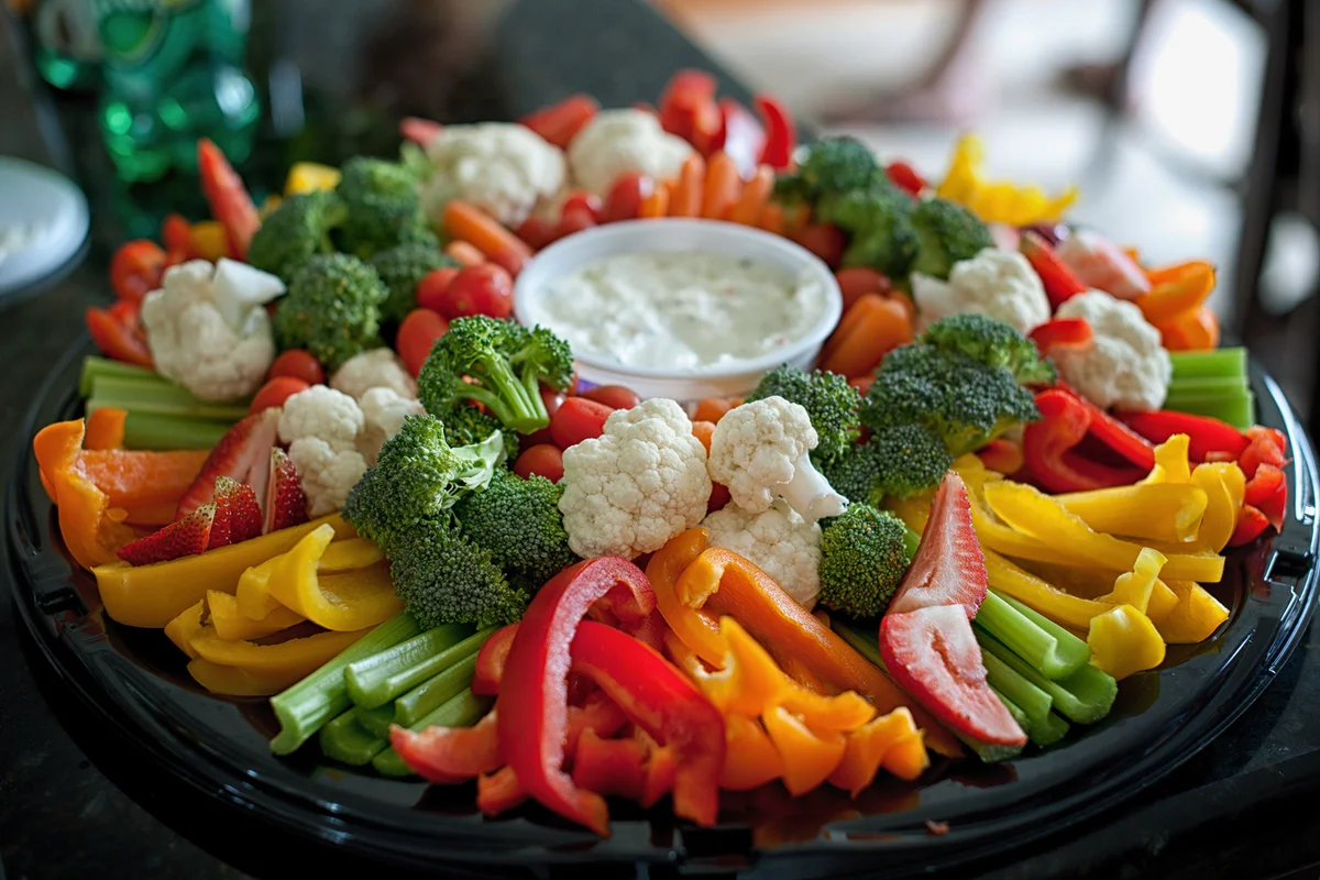 A fresh tray of colourful vegetables with dip.