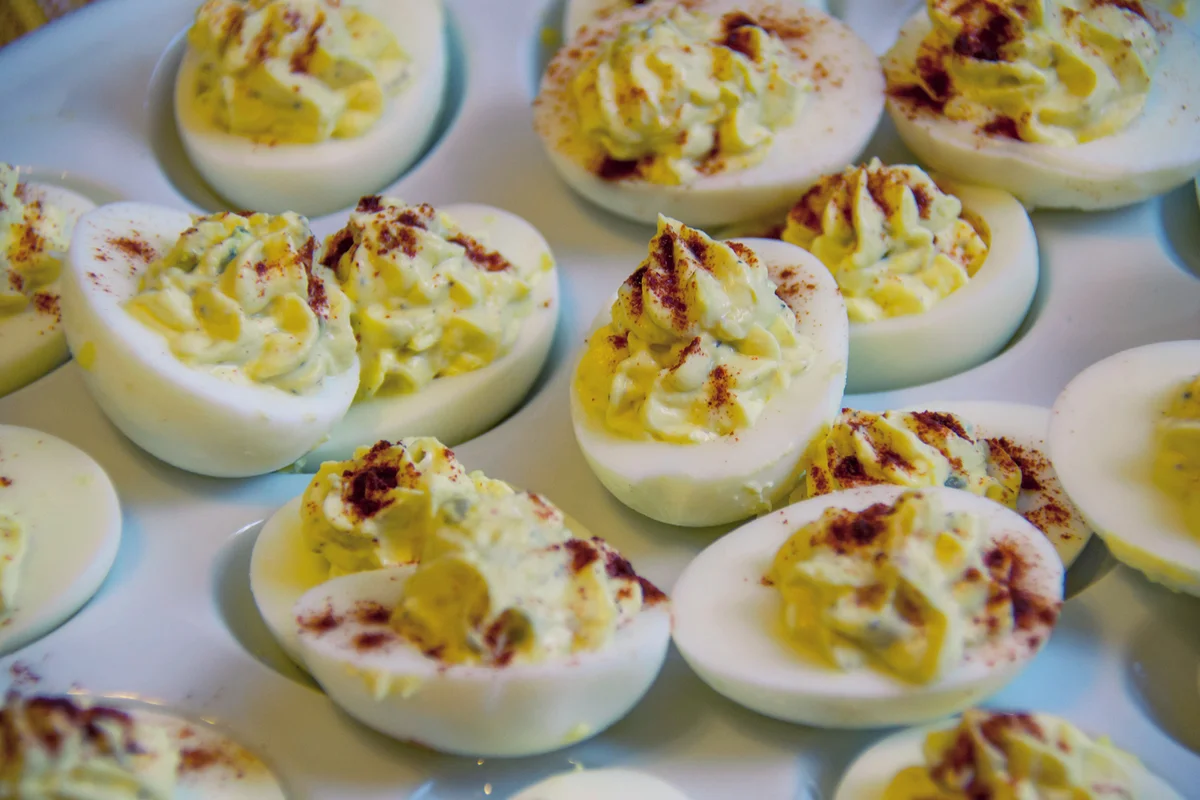 A platter of prepared deviled eggs