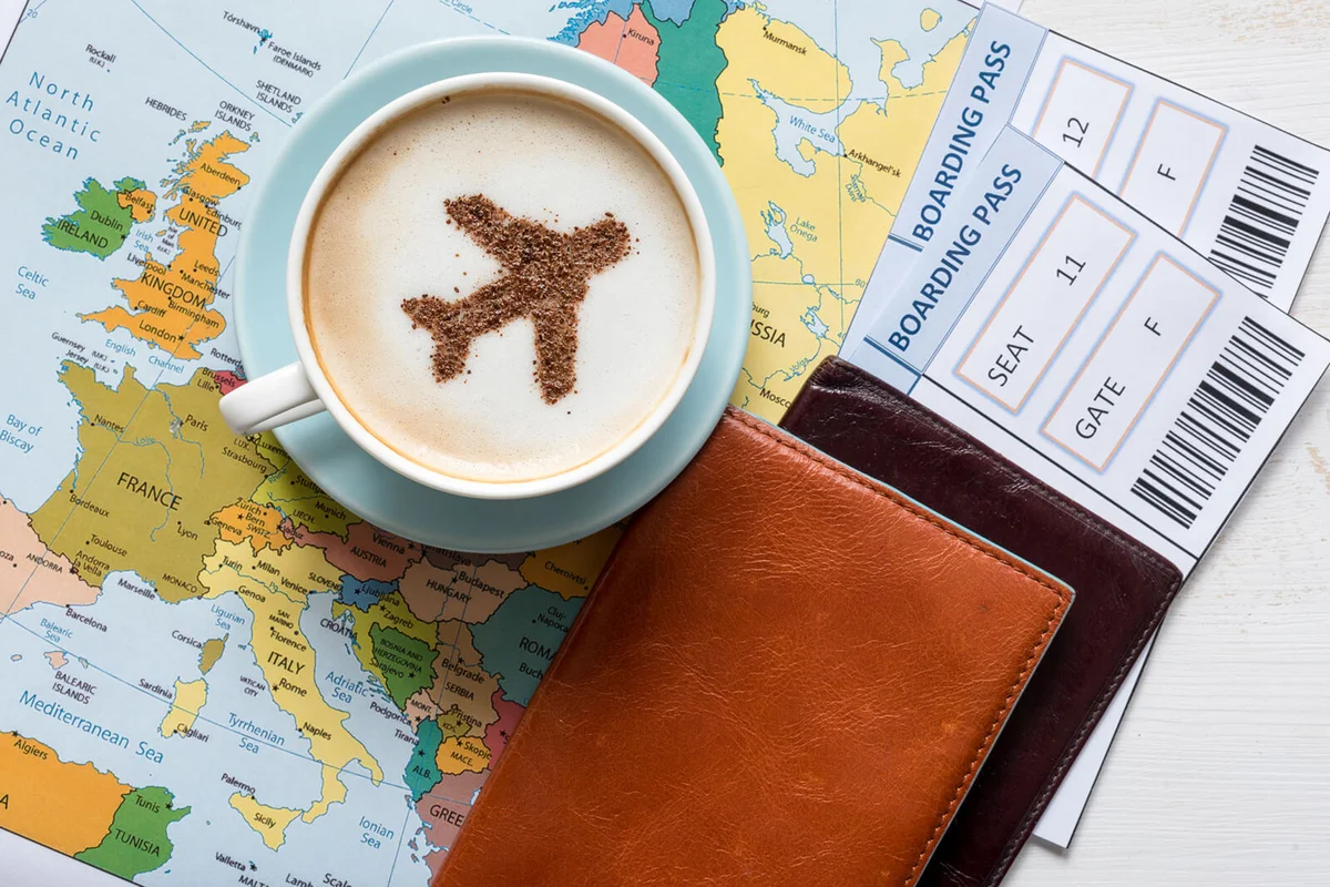 Europe map and airplane in cappuccino