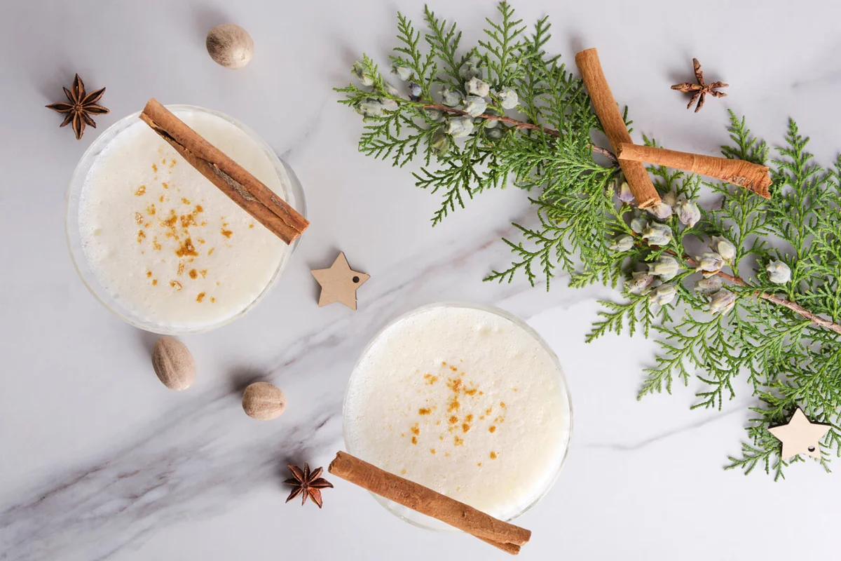 Top view of eggnog with alcohol and aromatic spices