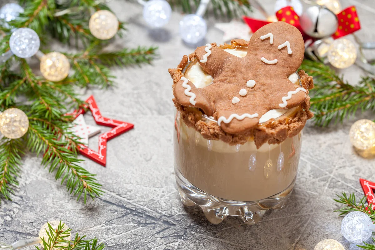 Drunken Gingerbread man in a Christmas cocktail