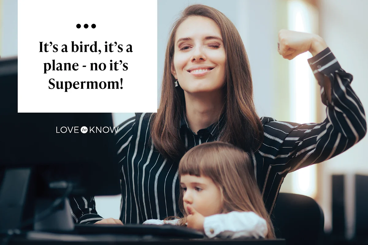 Strong Mom Flexing Her Muscles while Multitasking at Work