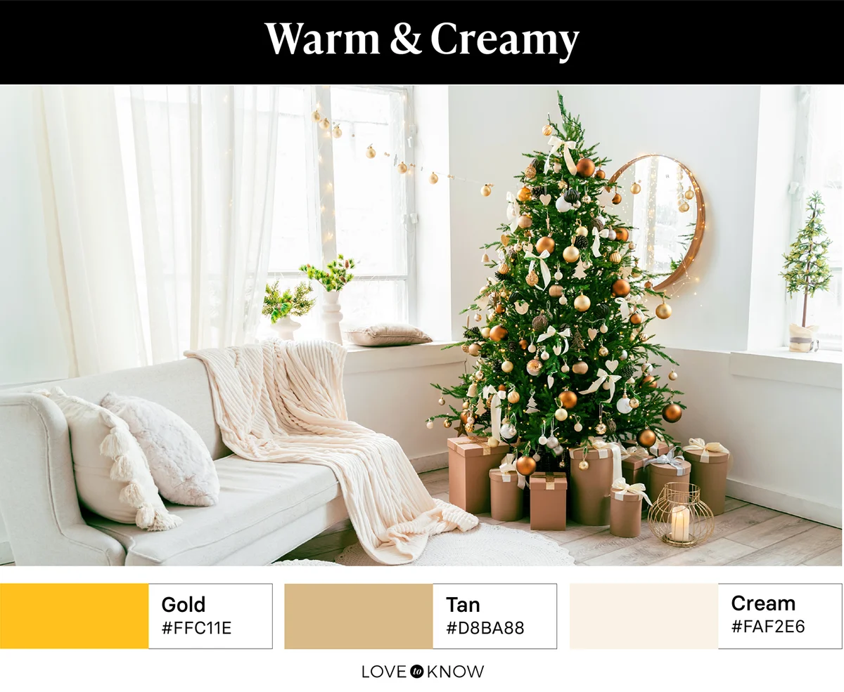 Living room decorated with Christmas tree and holiday decor in warm and creamy color palette