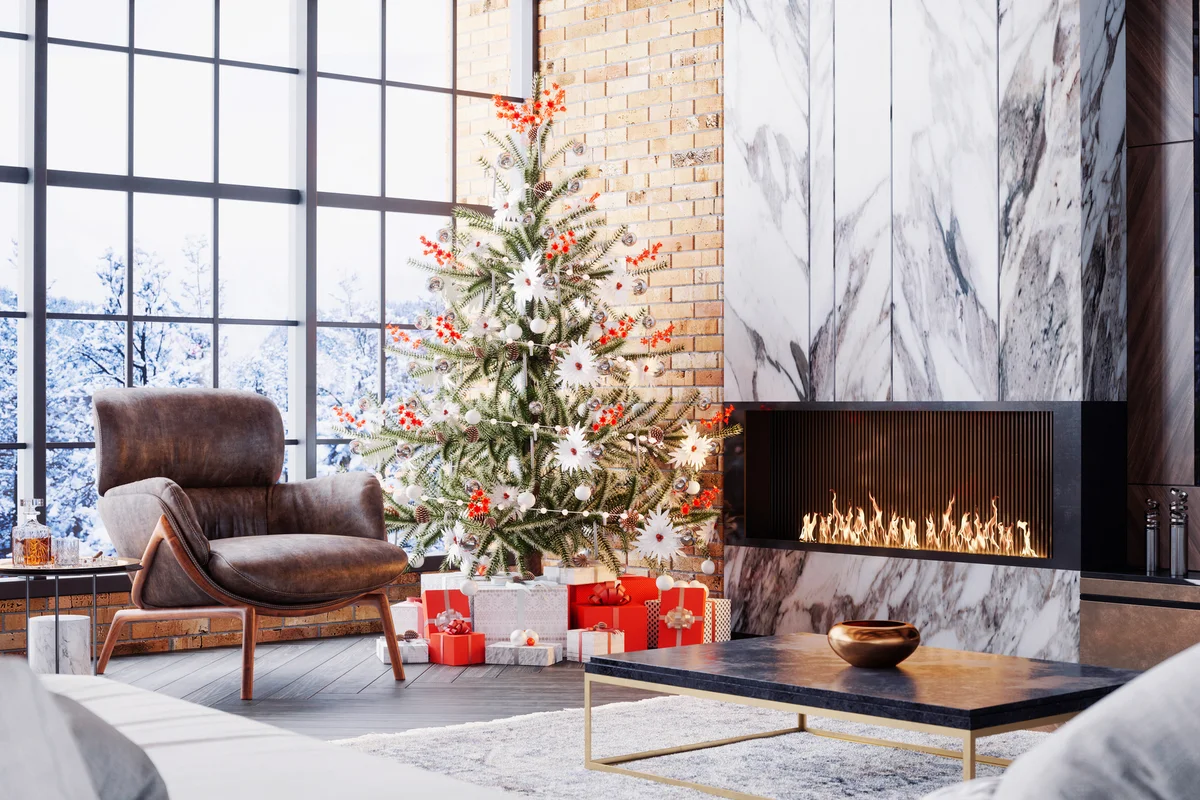 Luxury Living Room With Fireplace And Christmas Decoration in Orange Red