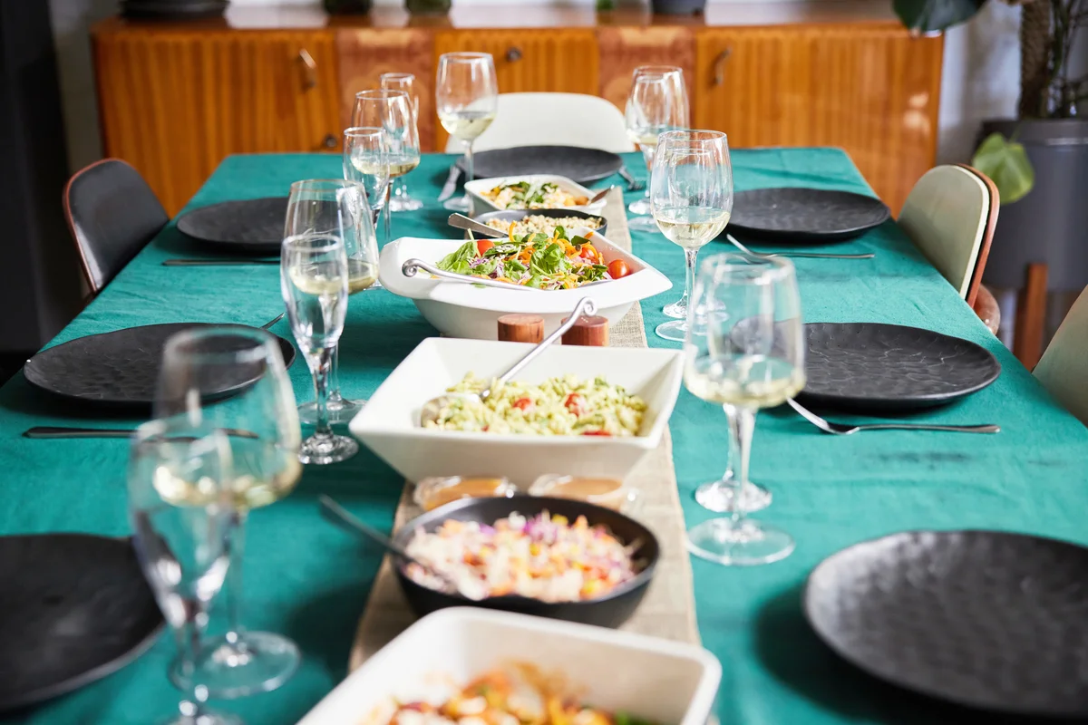 Dining table with green tablecloth