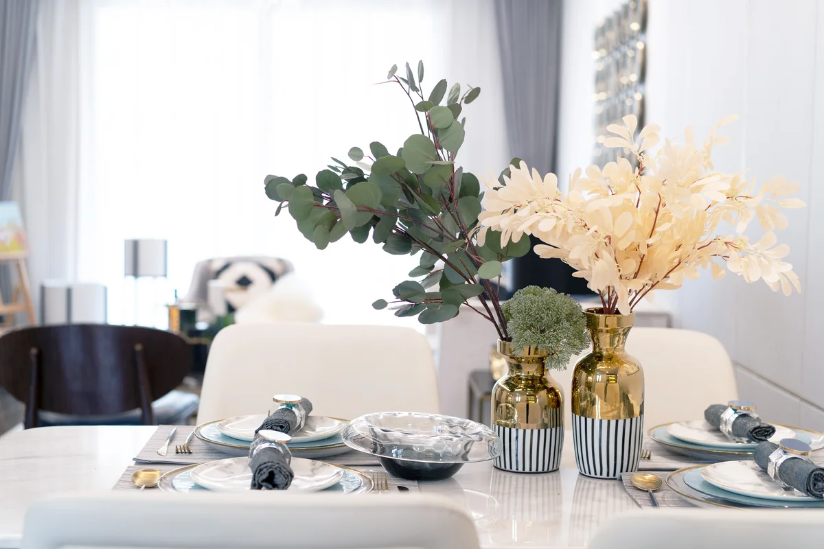 Modern dining room with bold floral centerpiece