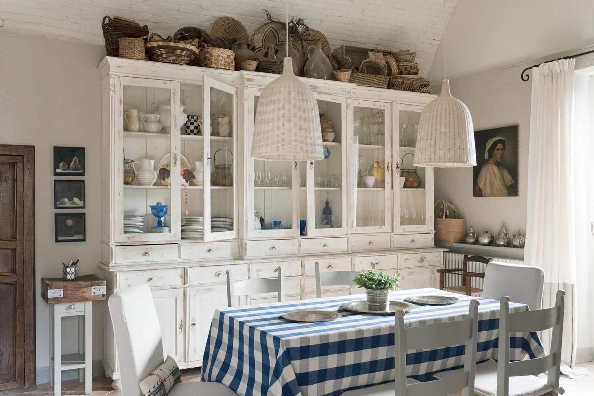 Rustic kitchen with blue plaid tablecloth