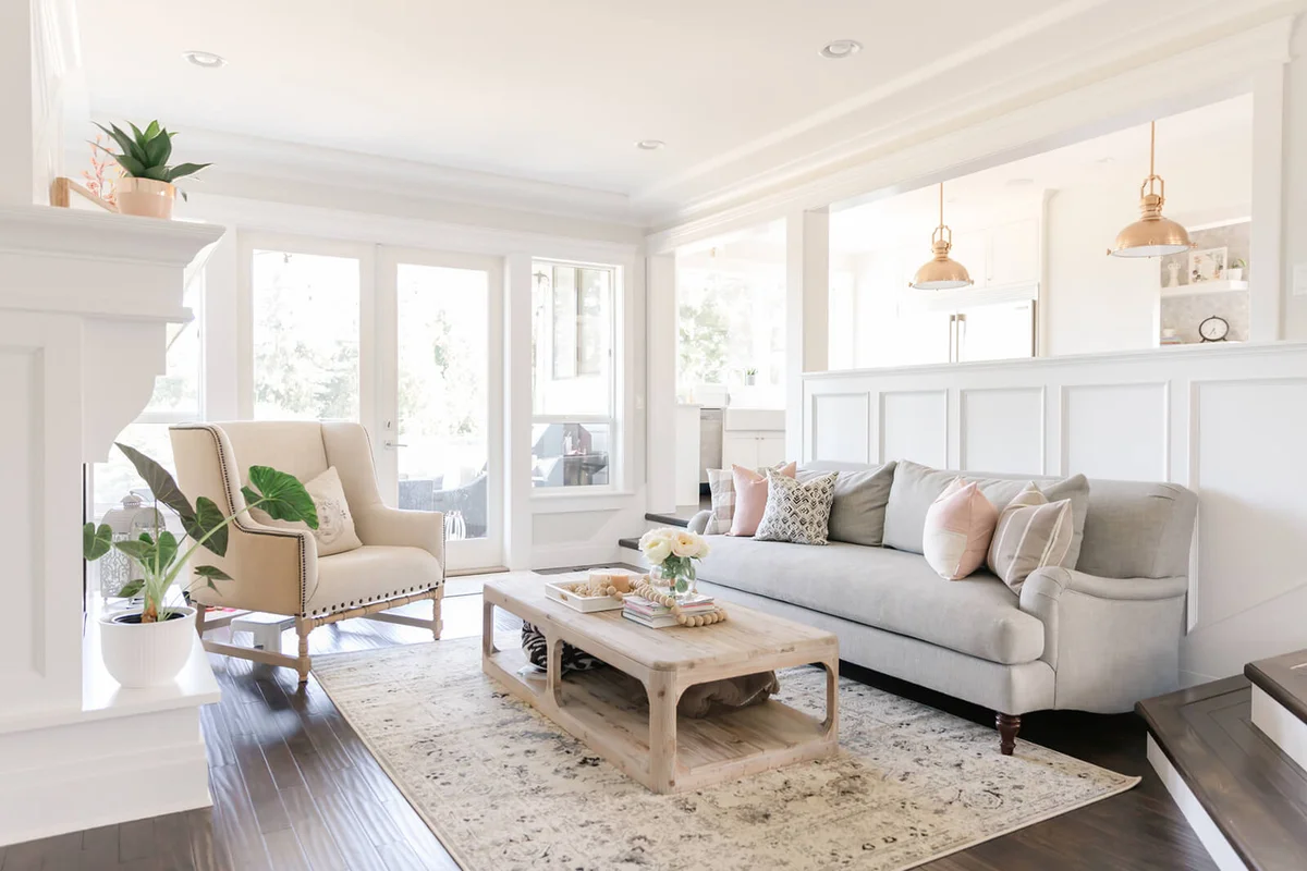 Modern bright white farmhouse living room