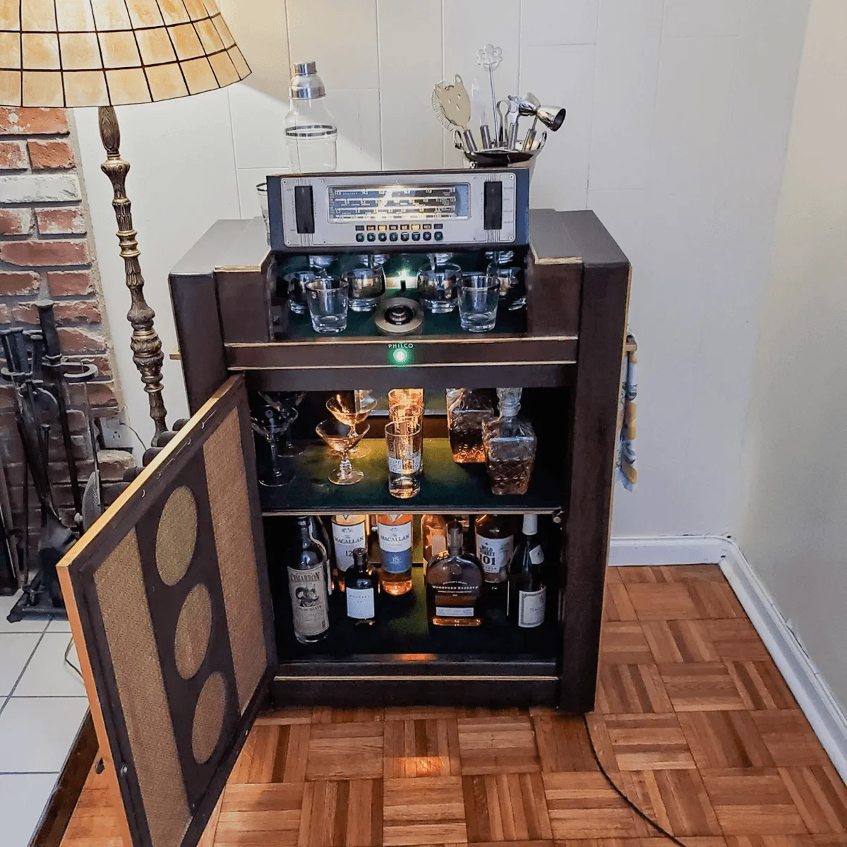 Radio cabinet repurposed into a bar