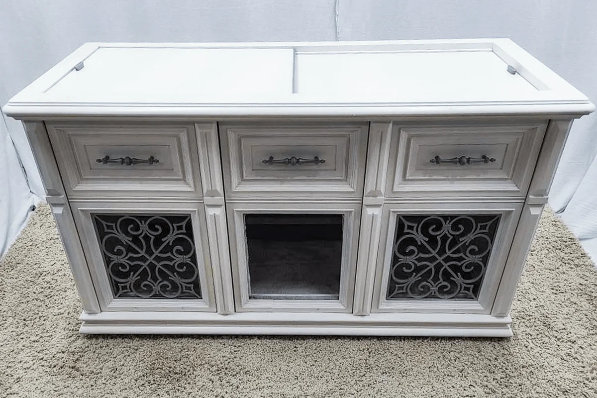Radio cabinet repurposed into a pet bed