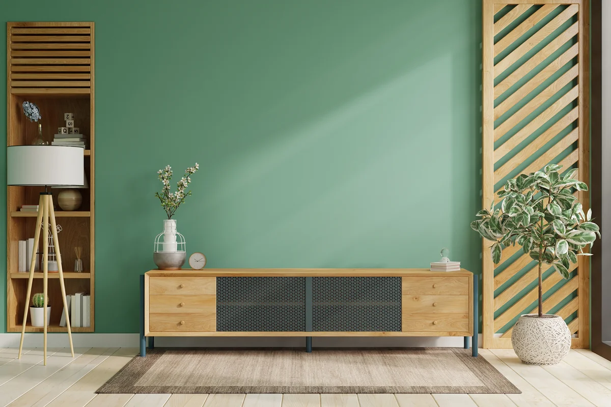 Modern Living Room Decor With Wooden Tv Cabinet and Green Wall